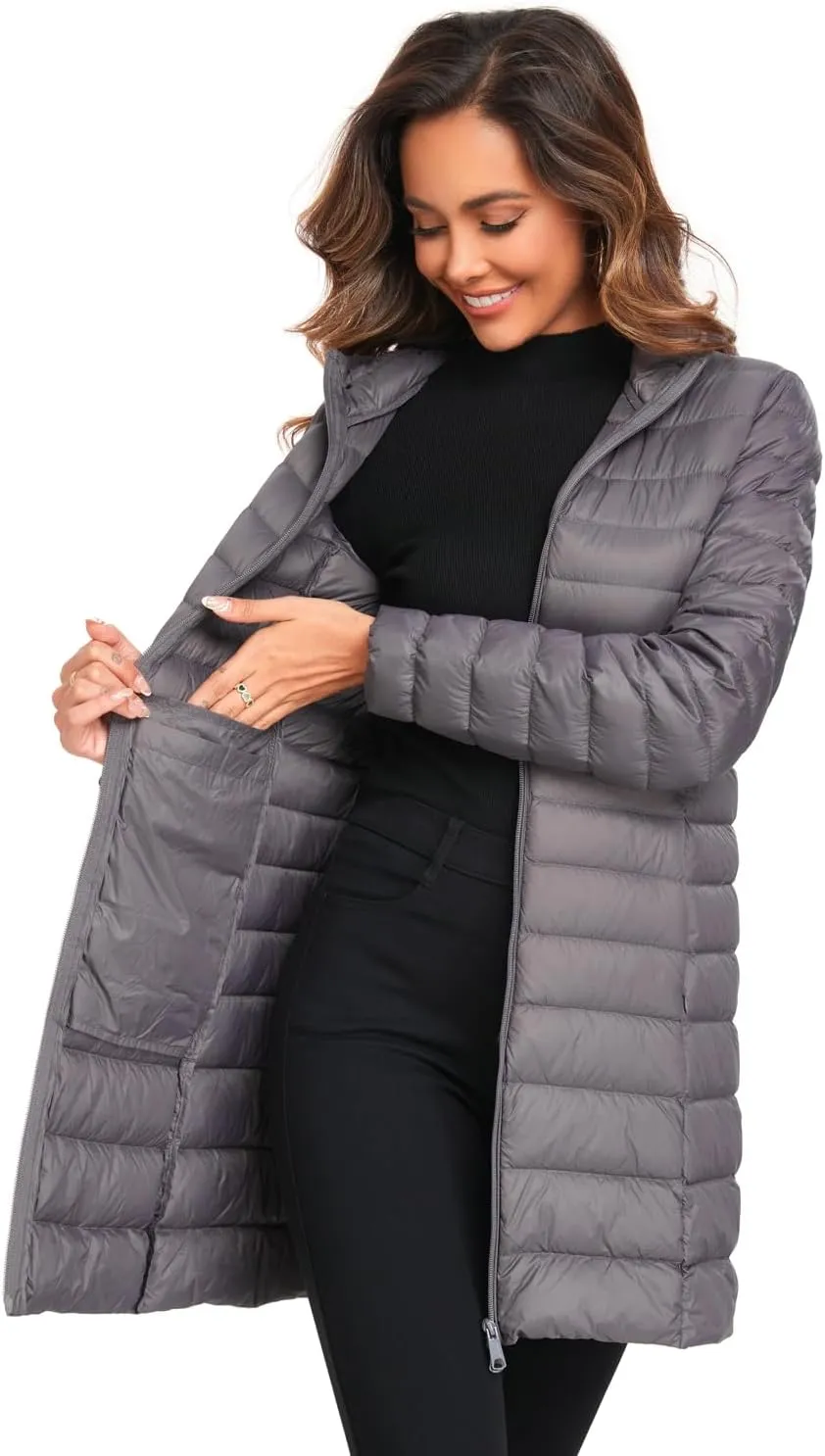 Obosoyo Women's Winter Packable Down Jacket Plus Size Ultralight Long Down Outerwear Puffer Jacket Hooded Coat