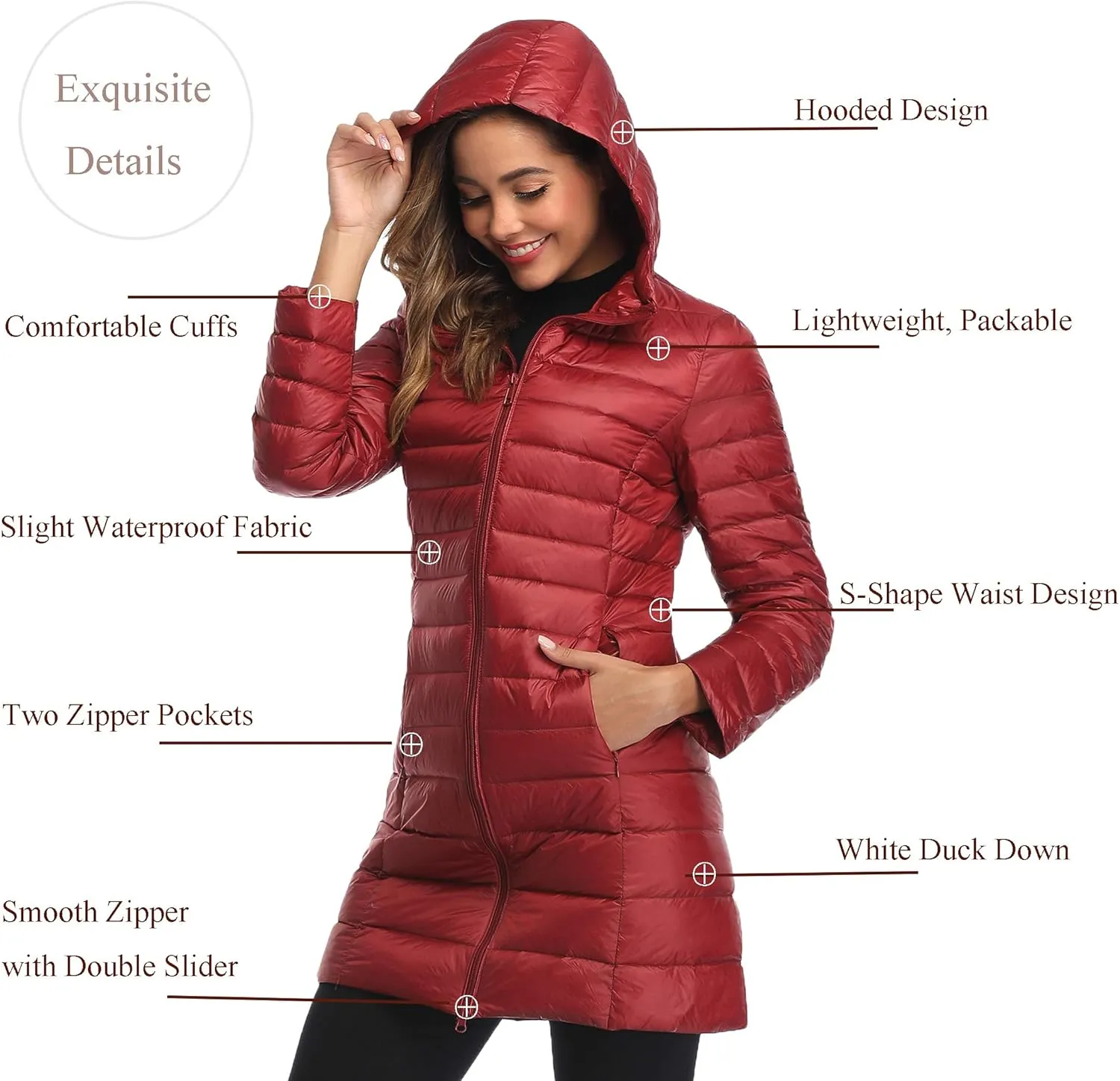 Obosoyo Women's Winter Packable Down Jacket Plus Size Ultralight Long Down Outerwear Puffer Jacket Hooded Coat