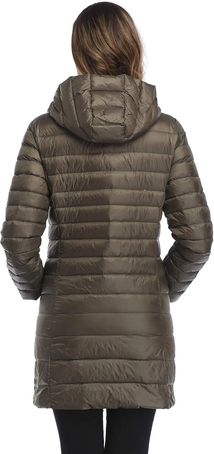 Obosoyo Women's Winter Packable Down Jacket Plus Size Ultralight Long Down Outerwear Puffer Jacket Hooded Coat