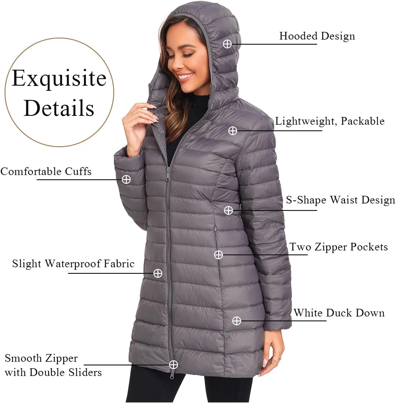 Obosoyo Women's Winter Packable Down Jacket Plus Size Ultralight Long Down Outerwear Puffer Jacket Hooded Coat