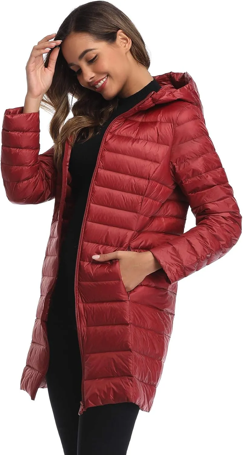 Obosoyo Women's Winter Packable Down Jacket Plus Size Ultralight Long Down Outerwear Puffer Jacket Hooded Coat