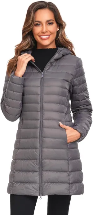 Obosoyo Women's Winter Packable Down Jacket Plus Size Ultralight Long Down Outerwear Puffer Jacket Hooded Coat