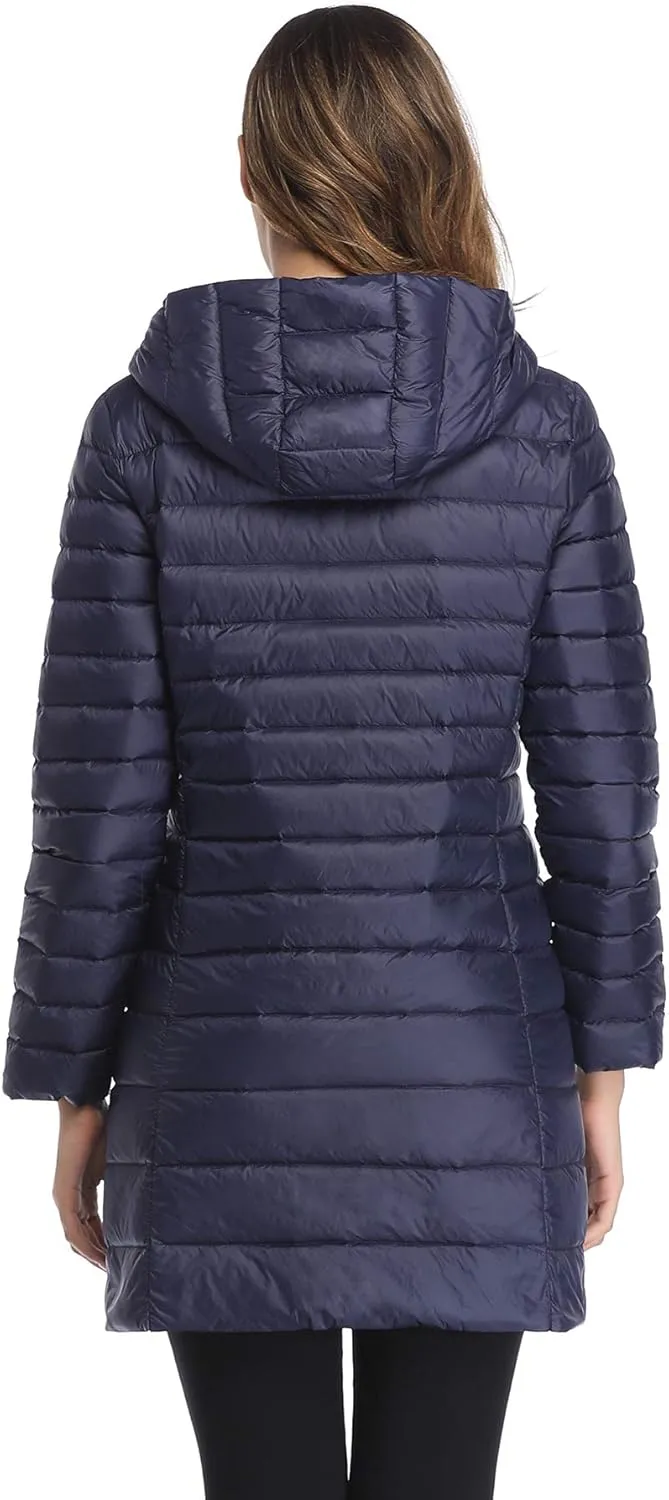 Obosoyo Women's Winter Packable Down Jacket Plus Size Ultralight Long Down Outerwear Puffer Jacket Hooded Coat