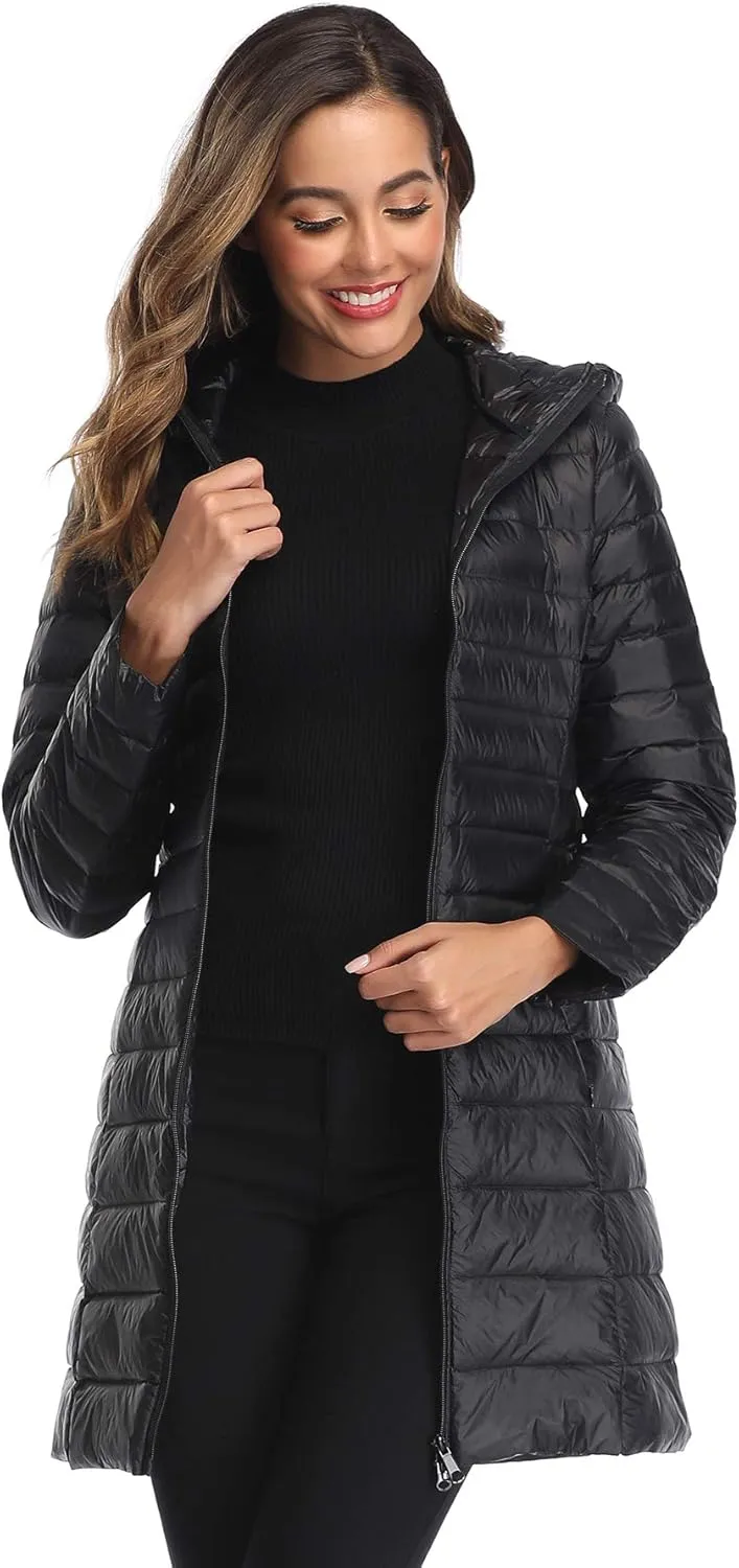 Obosoyo Women's Winter Packable Down Jacket Plus Size Ultralight Long Down Outerwear Puffer Jacket Hooded Coat