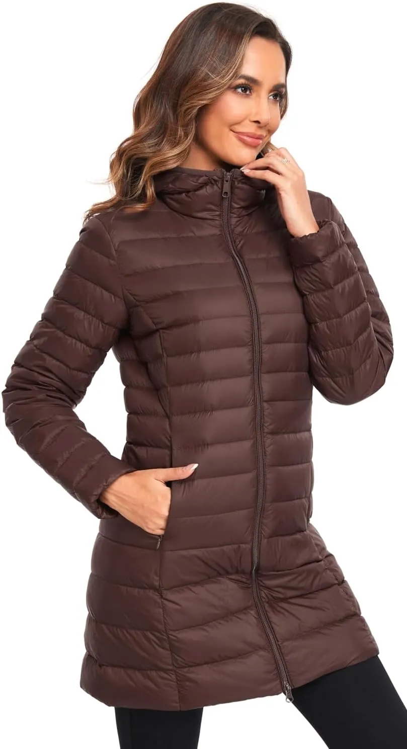 Obosoyo Women's Winter Packable Down Jacket Plus Size Ultralight Long Down Outerwear Puffer Jacket Hooded Coat