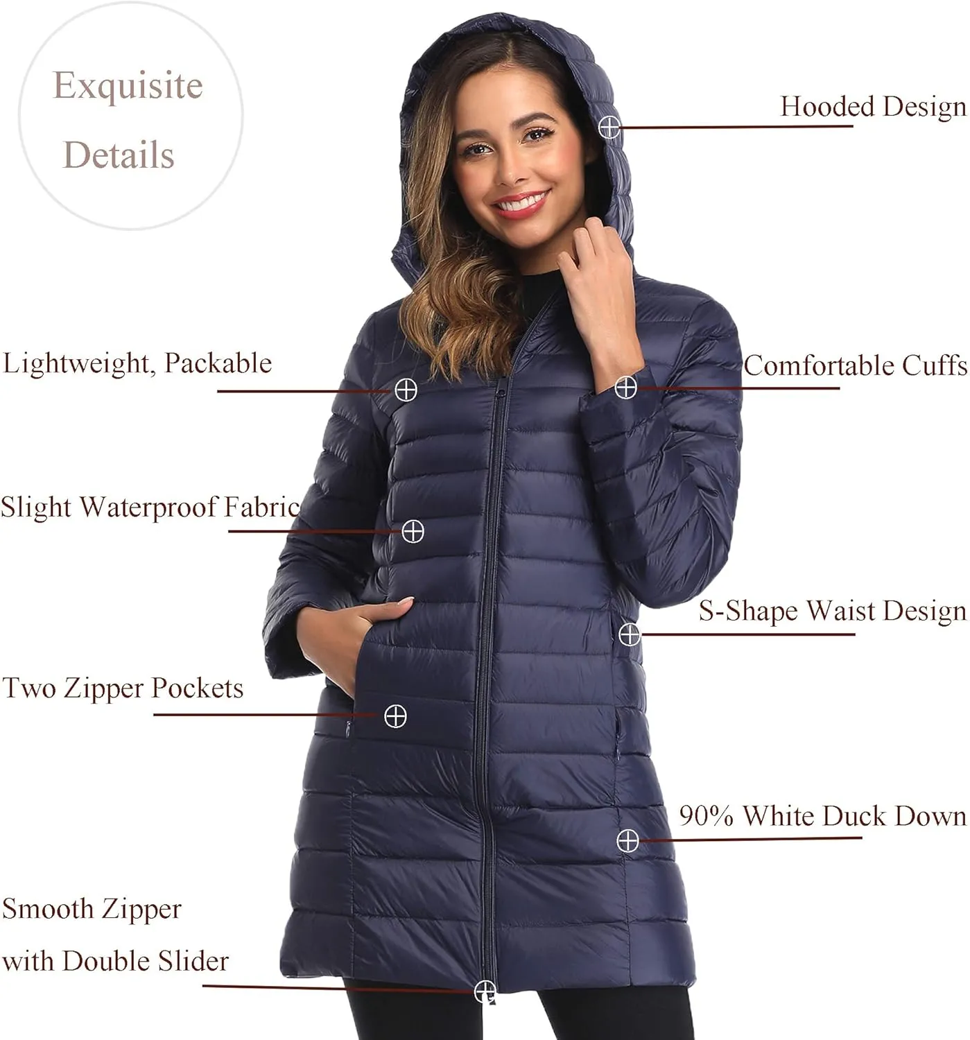 Obosoyo Women's Winter Packable Down Jacket Plus Size Ultralight Long Down Outerwear Puffer Jacket Hooded Coat