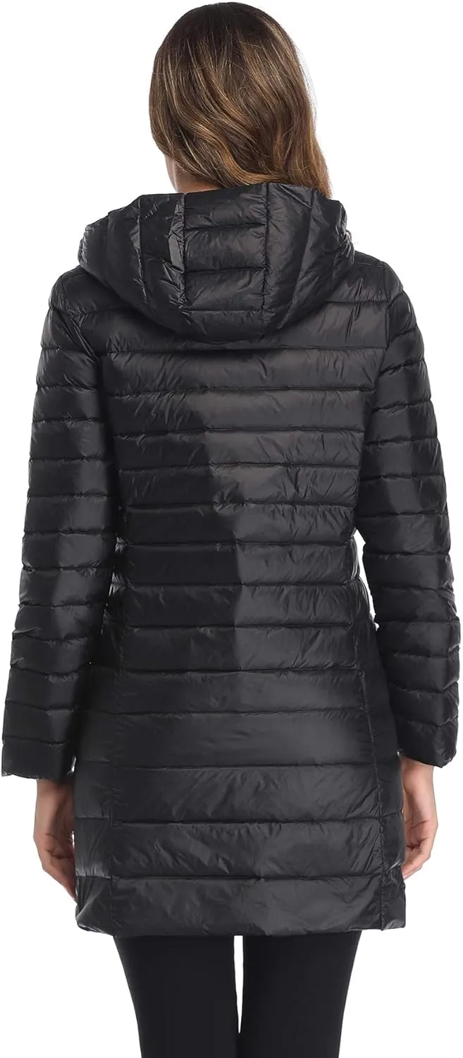 Obosoyo Women's Winter Packable Down Jacket Plus Size Ultralight Long Down Outerwear Puffer Jacket Hooded Coat