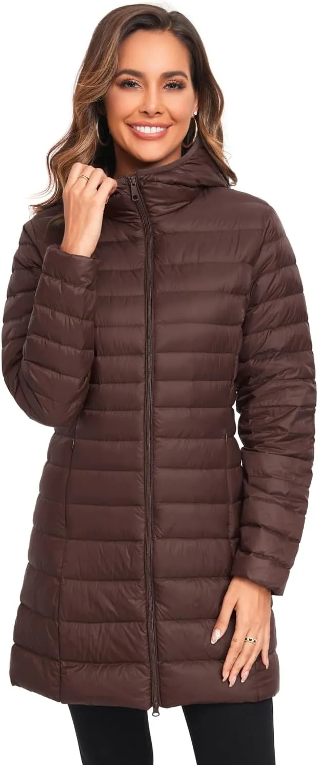 Obosoyo Women's Winter Packable Down Jacket Plus Size Ultralight Long Down Outerwear Puffer Jacket Hooded Coat