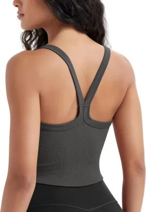 ODODOS Women's Seamless Crop Cami Wide Scoop Neck Ribbed Soft Open Racerback Cropped Tank