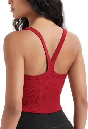 ODODOS Women's Seamless Crop Cami Wide Scoop Neck Ribbed Soft Open Racerback Cropped Tank