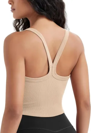 ODODOS Women's Seamless Crop Cami Wide Scoop Neck Ribbed Soft Open Racerback Cropped Tank