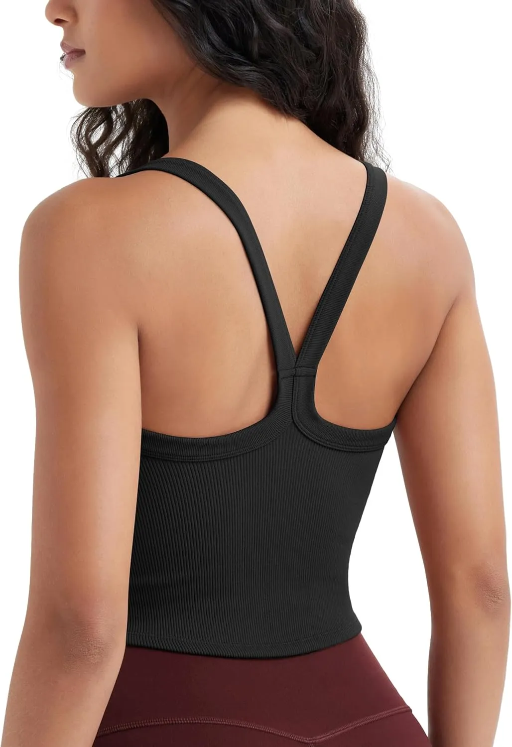 ODODOS Women's Seamless Crop Cami Wide Scoop Neck Ribbed Soft Open Racerback Cropped Tank