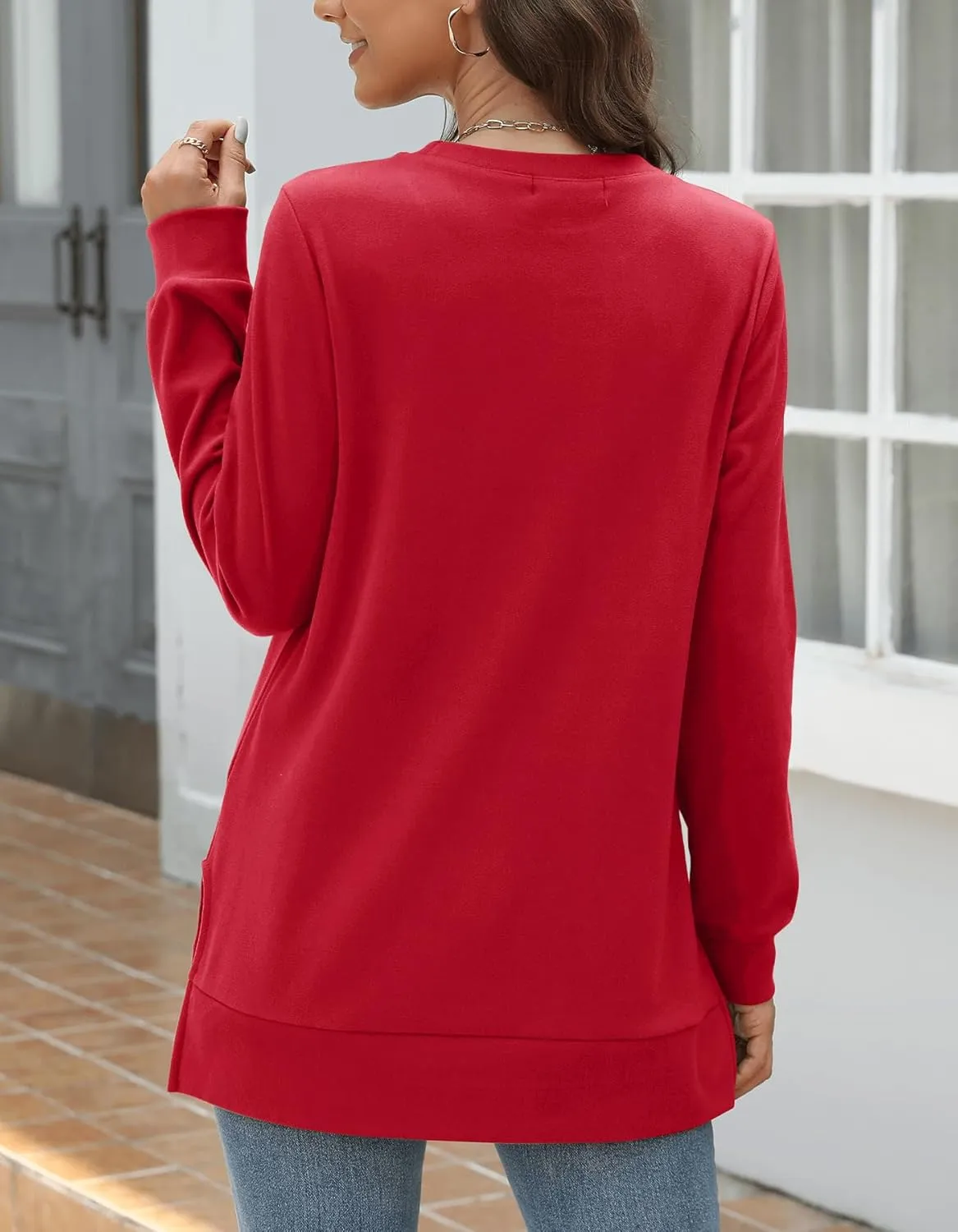 Odosalii Womens Long Sleeve Tops Crewneck Sweatshirts Pleated Front Sweaters Plain Shirts Trendy Side Split Fall Outfits