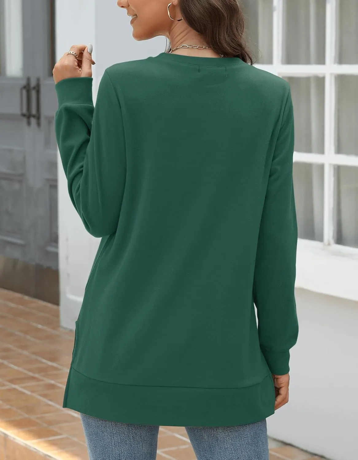 Odosalii Womens Long Sleeve Tops Crewneck Sweatshirts Pleated Front Sweaters Plain Shirts Trendy Side Split Fall Outfits