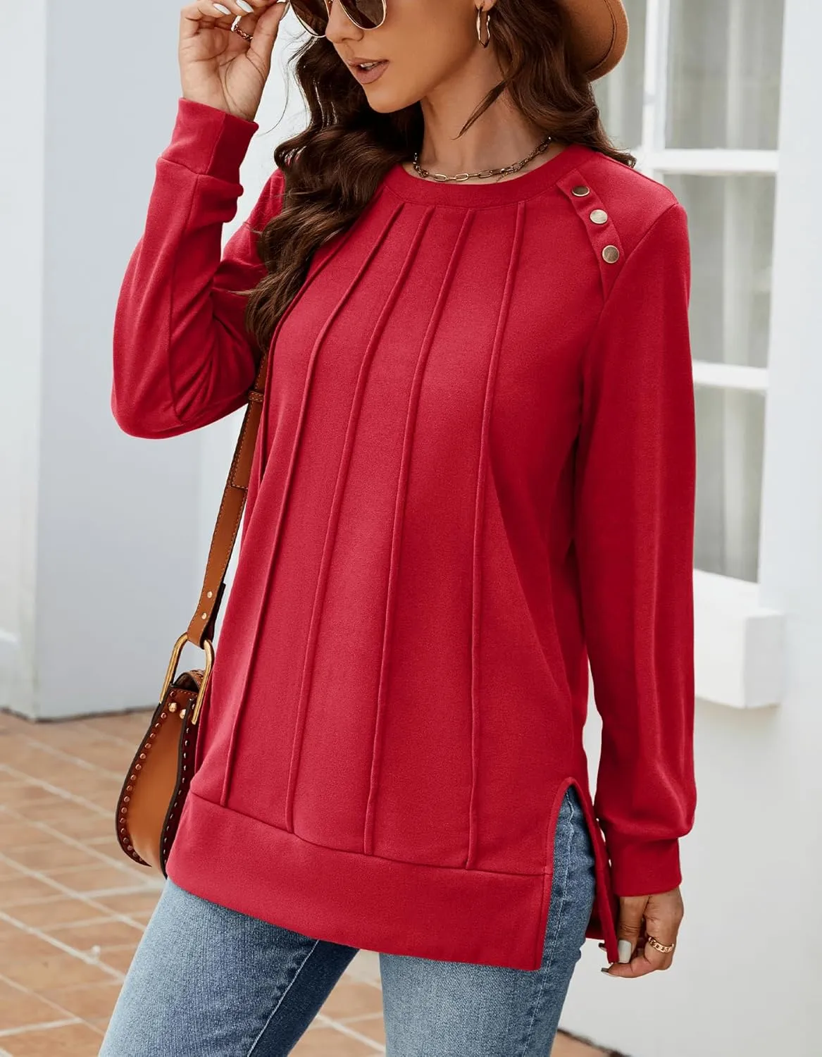Odosalii Womens Long Sleeve Tops Crewneck Sweatshirts Pleated Front Sweaters Plain Shirts Trendy Side Split Fall Outfits