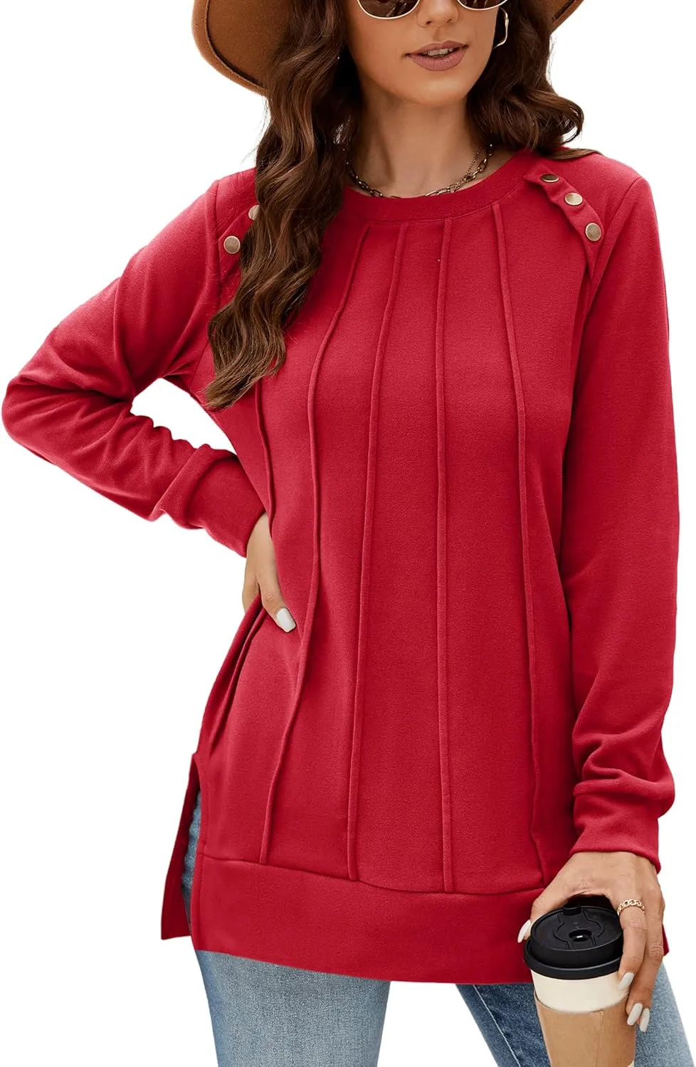 Odosalii Womens Long Sleeve Tops Crewneck Sweatshirts Pleated Front Sweaters Plain Shirts Trendy Side Split Fall Outfits
