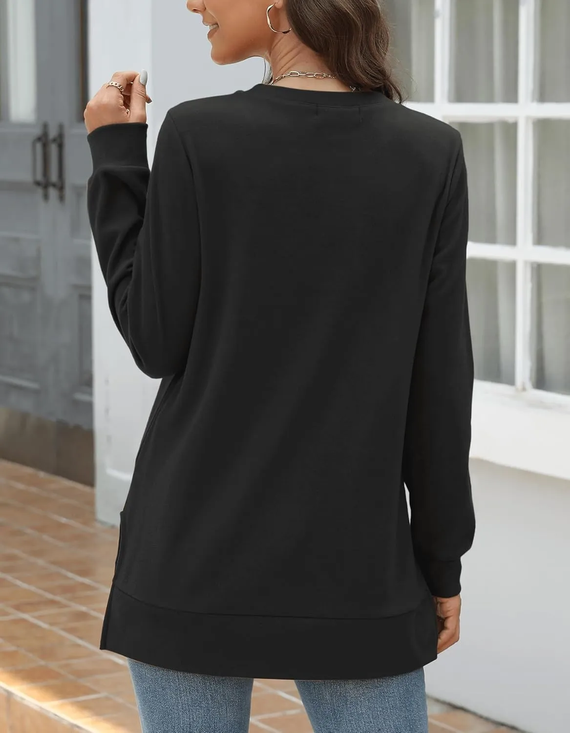 Odosalii Womens Long Sleeve Tops Crewneck Sweatshirts Pleated Front Sweaters Plain Shirts Trendy Side Split Fall Outfits