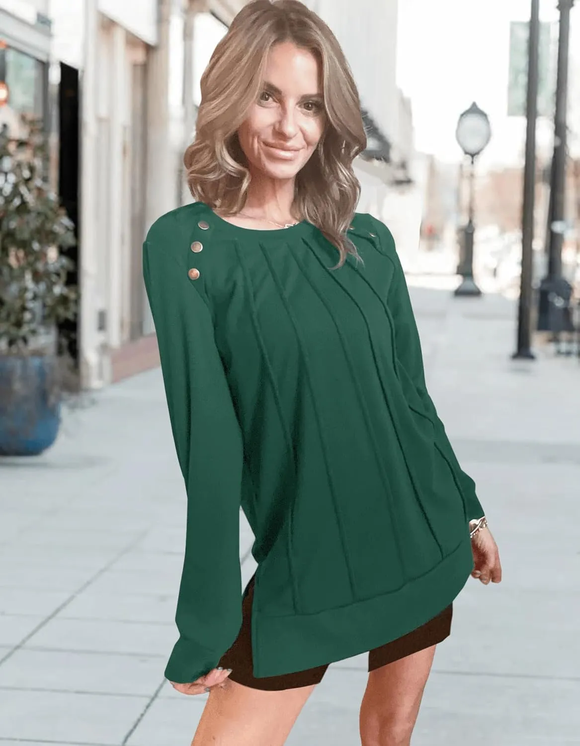 Odosalii Womens Long Sleeve Tops Crewneck Sweatshirts Pleated Front Sweaters Plain Shirts Trendy Side Split Fall Outfits