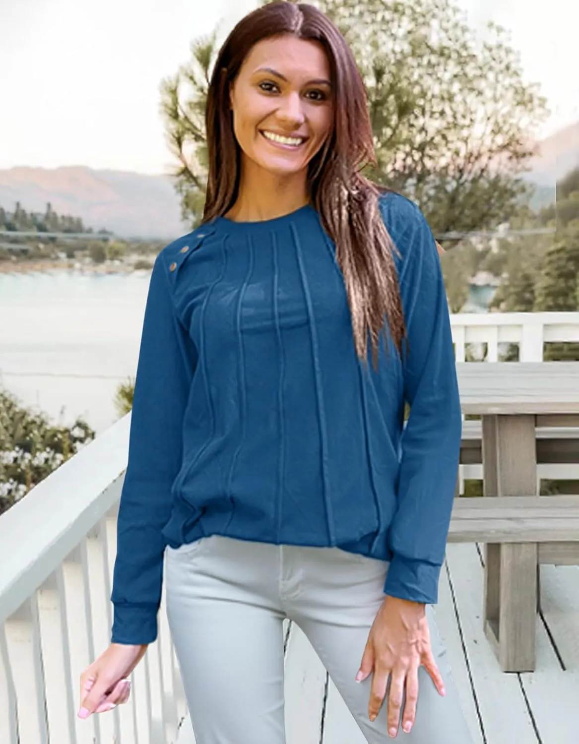 Odosalii Womens Long Sleeve Tops Crewneck Sweatshirts Pleated Front Sweaters Plain Shirts Trendy Side Split Fall Outfits