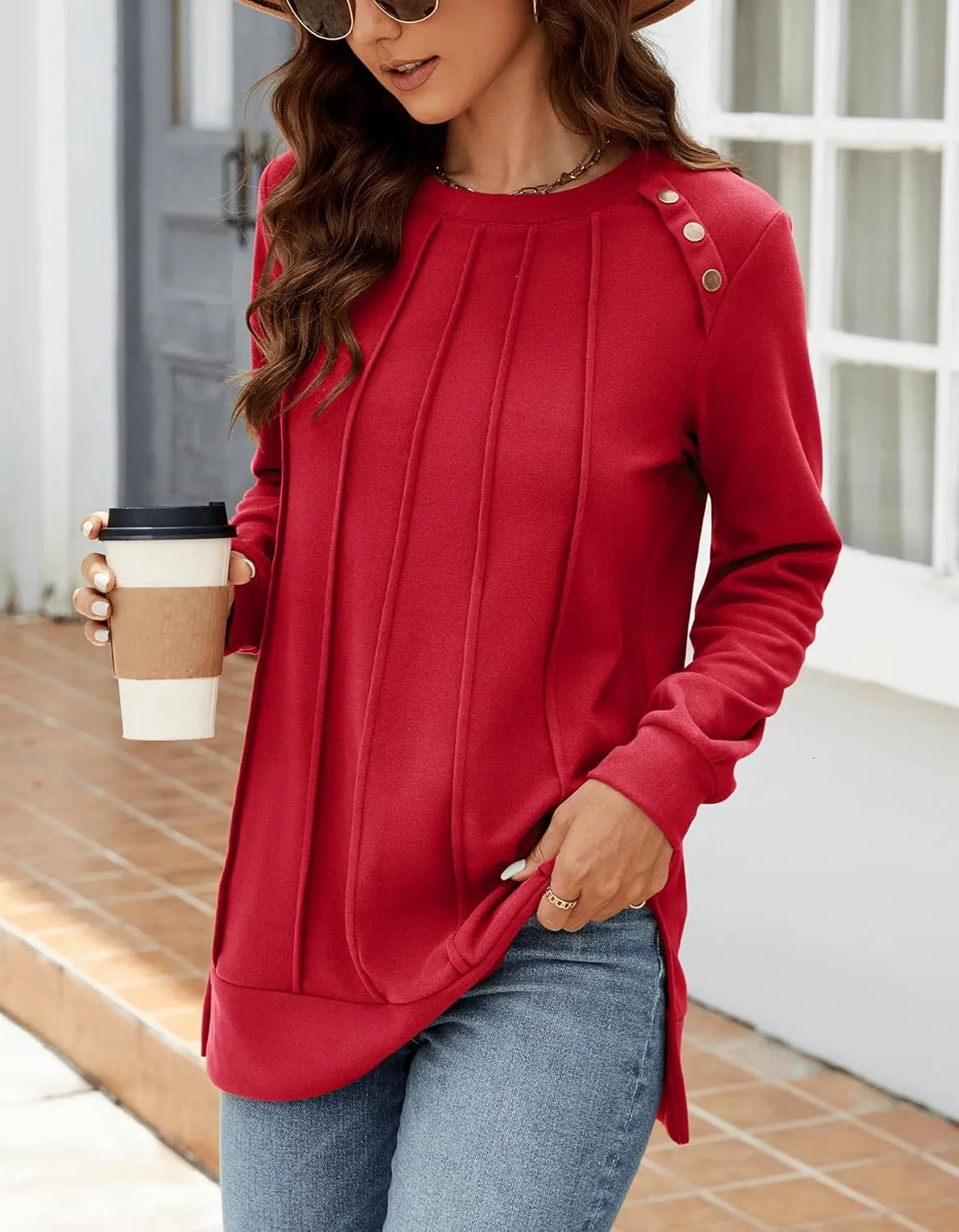 Odosalii Womens Long Sleeve Tops Crewneck Sweatshirts Pleated Front Sweaters Plain Shirts Trendy Side Split Fall Outfits