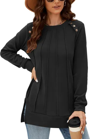 Odosalii Womens Long Sleeve Tops Crewneck Sweatshirts Pleated Front Sweaters Plain Shirts Trendy Side Split Fall Outfits