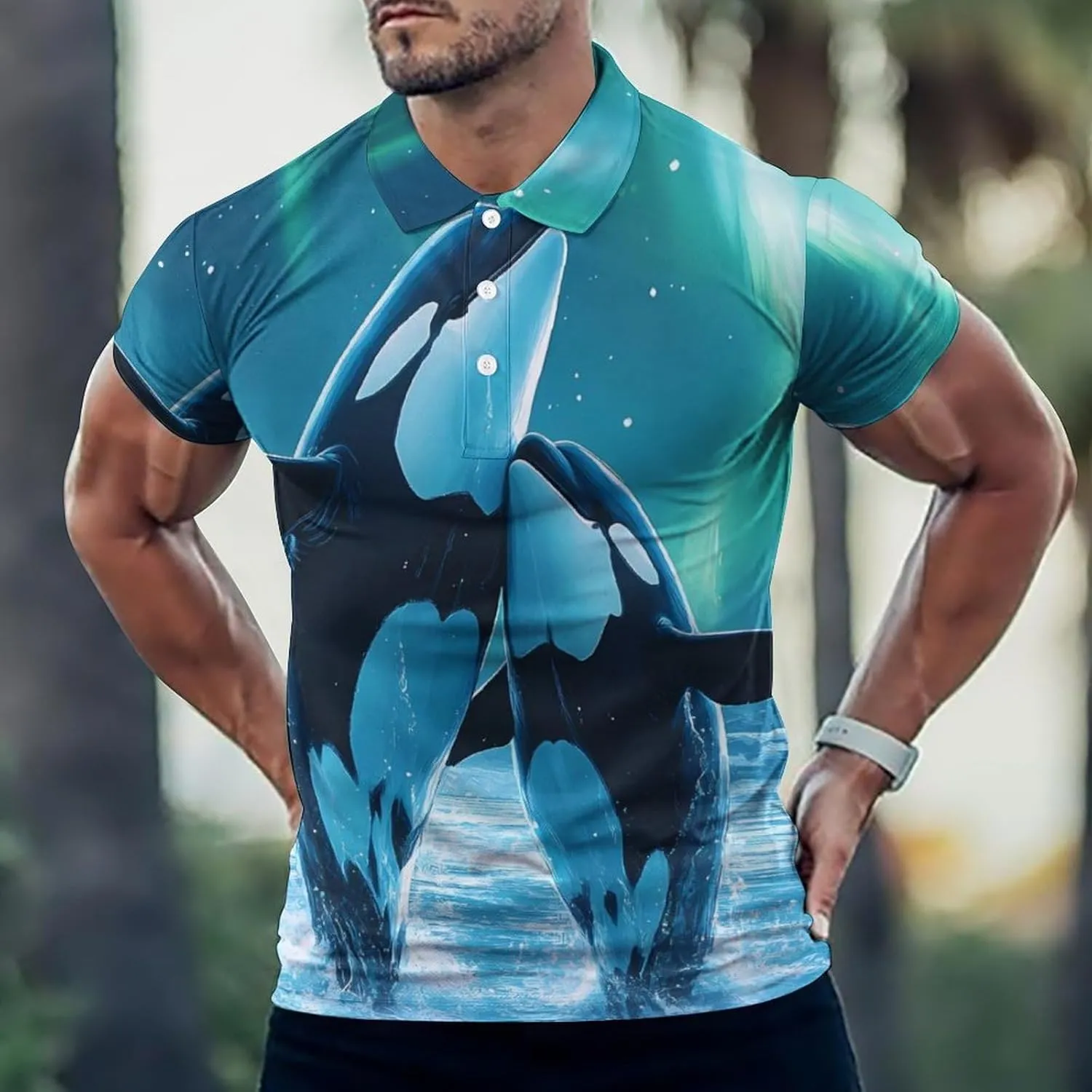 Orcas Whales in Northern Lights Slim Fit Men's Short Sleeve Polo Shirts Quick-Dry Breathable Golf T-Shirt Tops