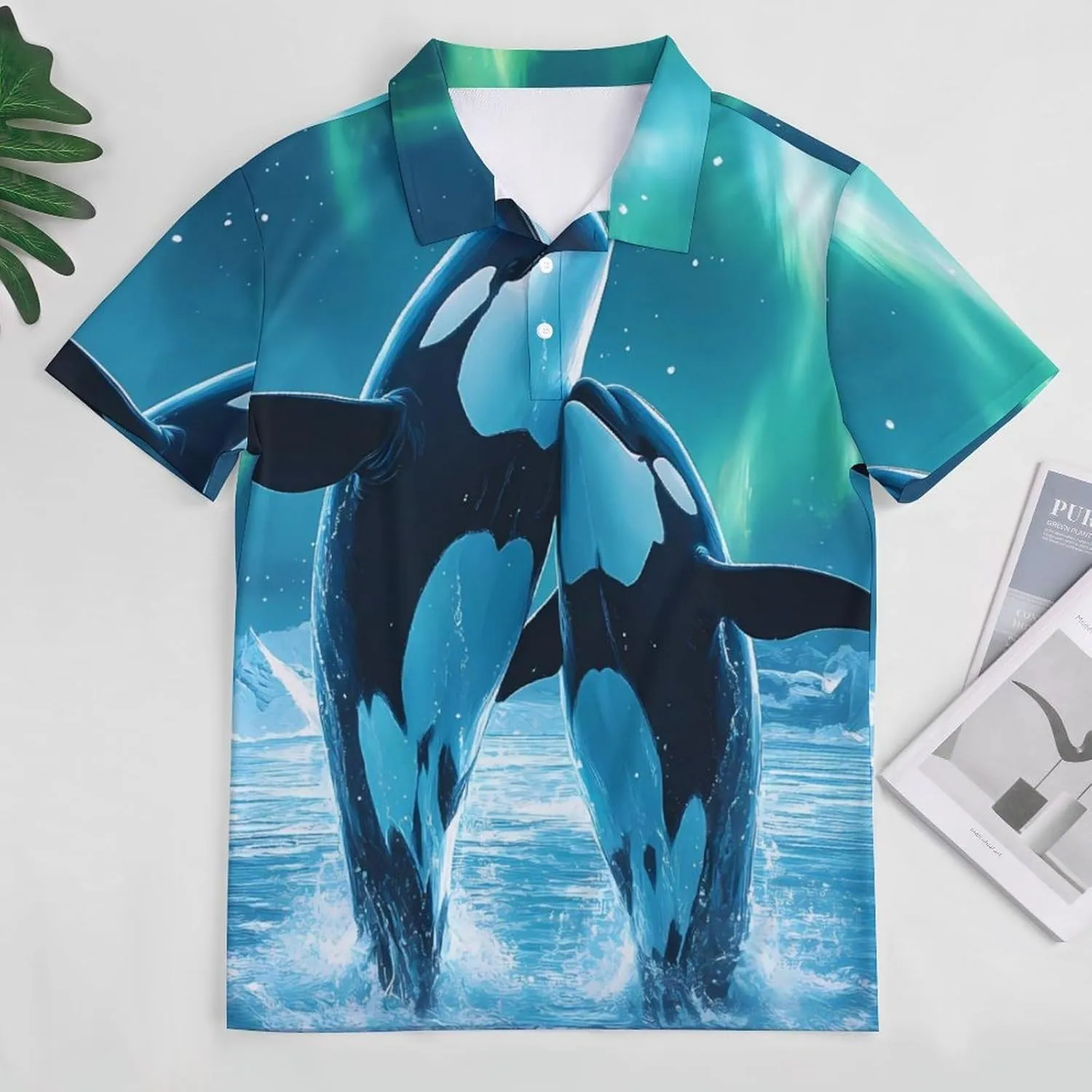 Orcas Whales in Northern Lights Slim Fit Men's Short Sleeve Polo Shirts Quick-Dry Breathable Golf T-Shirt Tops