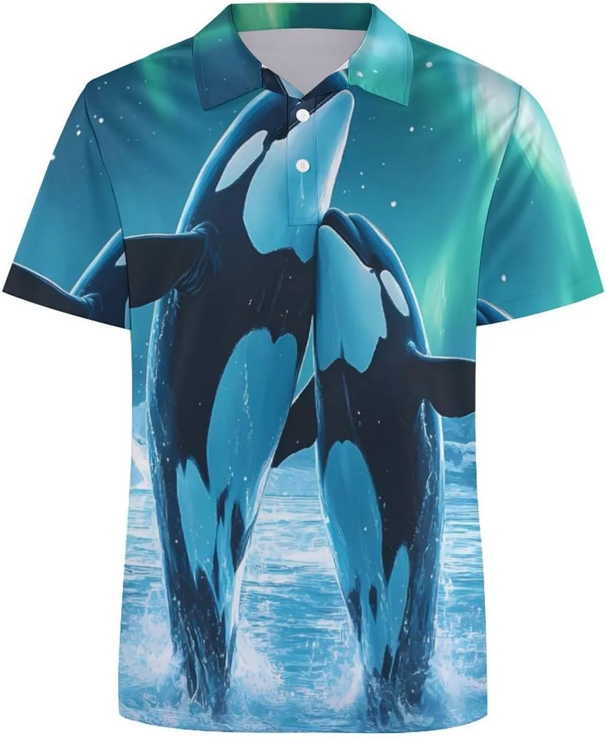 Orcas Whales in Northern Lights Slim Fit Men's Short Sleeve Polo Shirts Quick-Dry Breathable Golf T-Shirt Tops