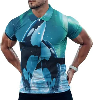 Orcas Whales in Northern Lights Slim Fit Men's Short Sleeve Polo Shirts Quick-Dry Breathable Golf T-Shirt Tops