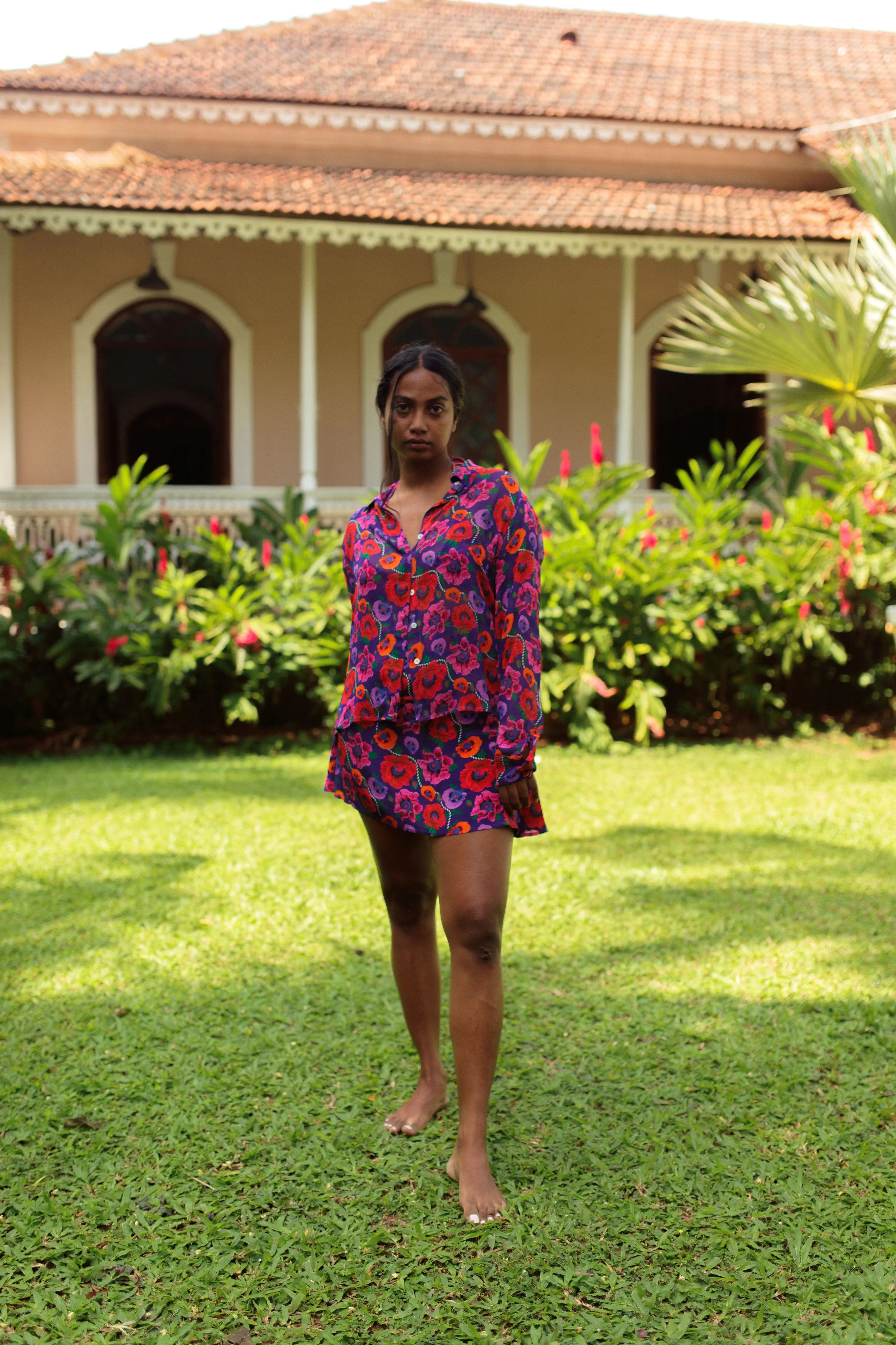 Oriental Poppy High Waist A-Line Skirt With Inner Shorts