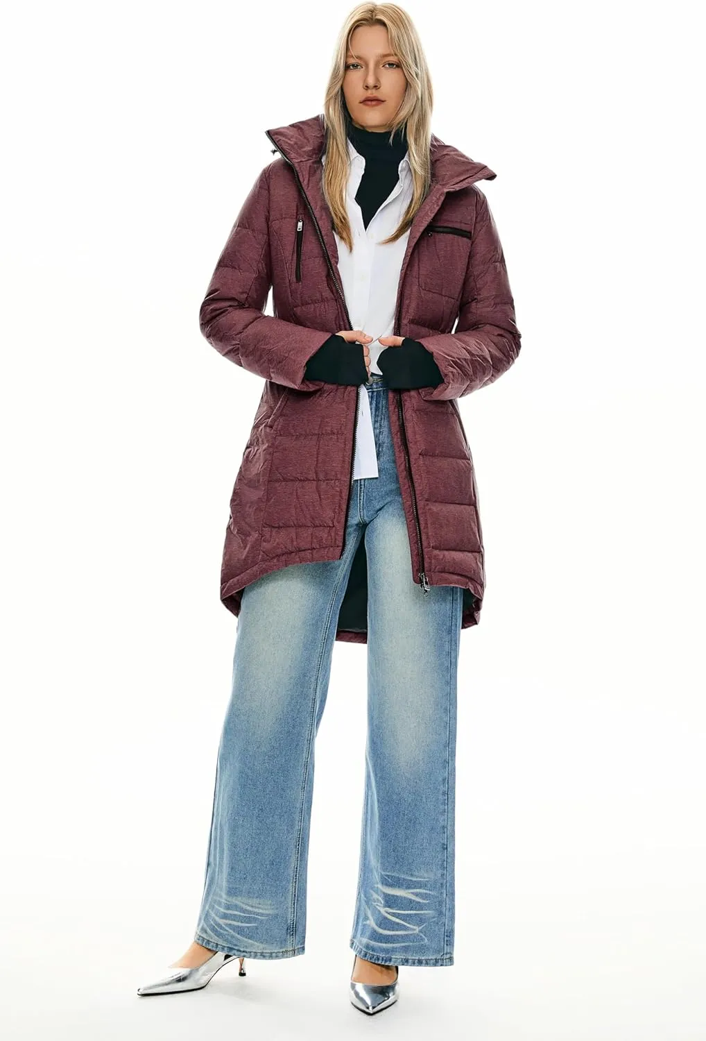 Orolay Women's Winter Down Jacket Long Quilted Puffer Coat Warm Hooded Slim Fit Outerwear