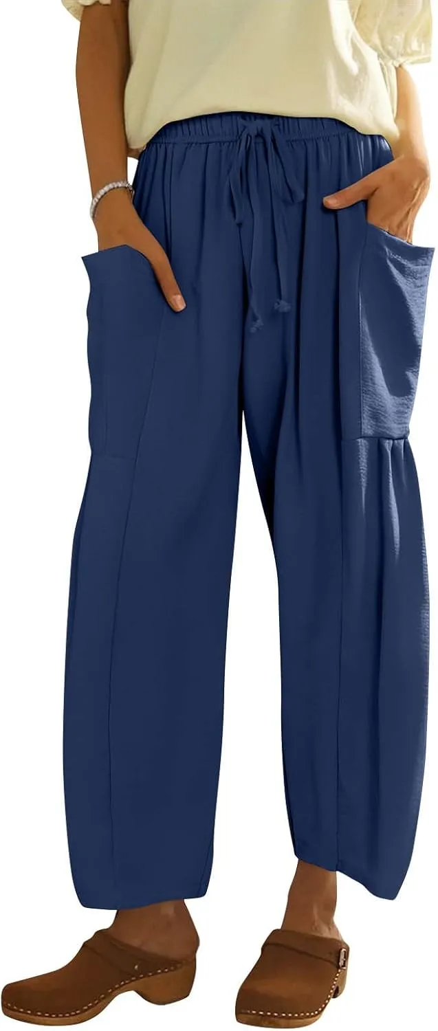 Palazzo Pants for Women Linen Casual Summer Drawstring Elastic Waist Pants Wide Leg High Waisted Solid Trousers 2025