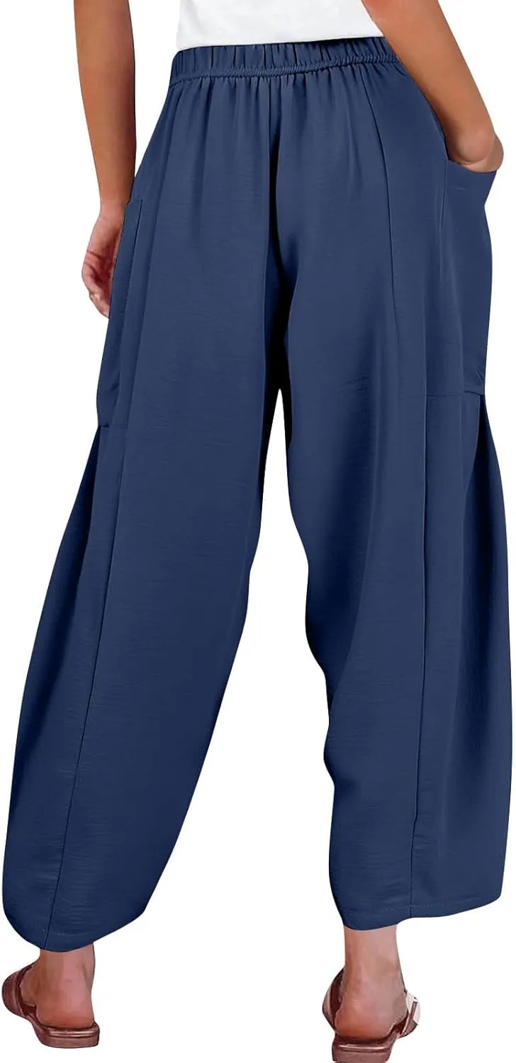 Palazzo Pants for Women Linen Casual Summer Drawstring Elastic Waist Pants Wide Leg High Waisted Solid Trousers 2025