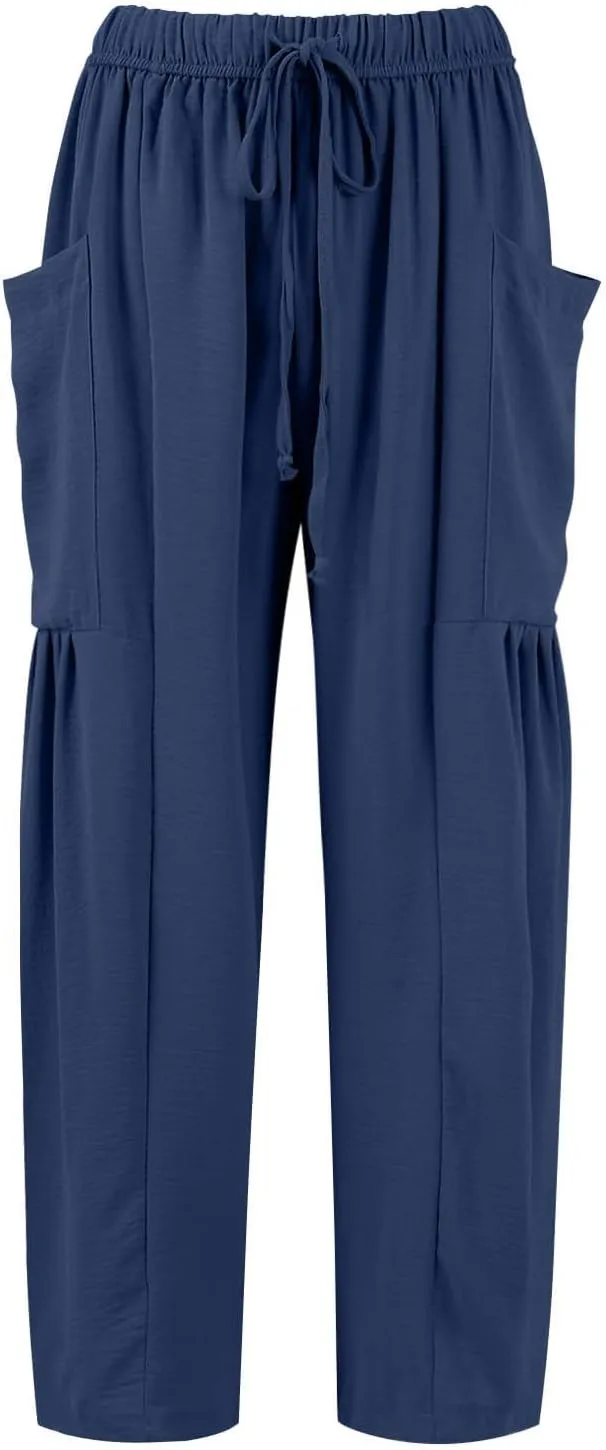 Palazzo Pants for Women Linen Casual Summer Drawstring Elastic Waist Pants Wide Leg High Waisted Solid Trousers 2025
