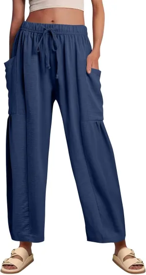 Palazzo Pants for Women Linen Casual Summer Drawstring Elastic Waist Pants Wide Leg High Waisted Solid Trousers 2025