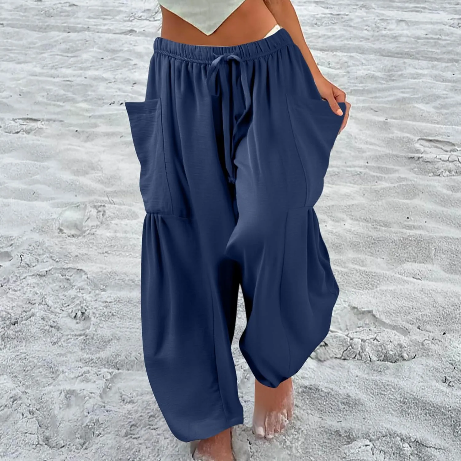 Palazzo Pants for Women Linen Casual Summer Drawstring Elastic Waist Pants Wide Leg High Waisted Solid Trousers 2025