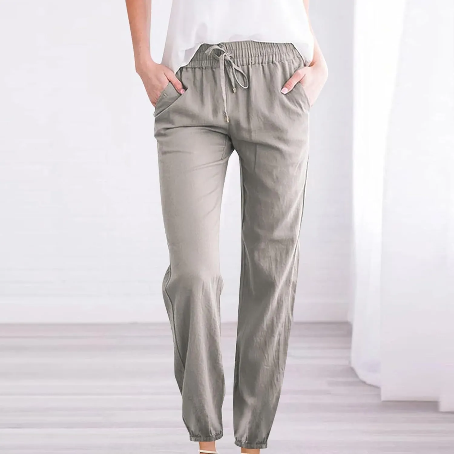 Palazzo Pants for Women Summer Loose Fit Cotton Linen Pants Casual Beach Vacation Wide Leg Trousers with Pockets