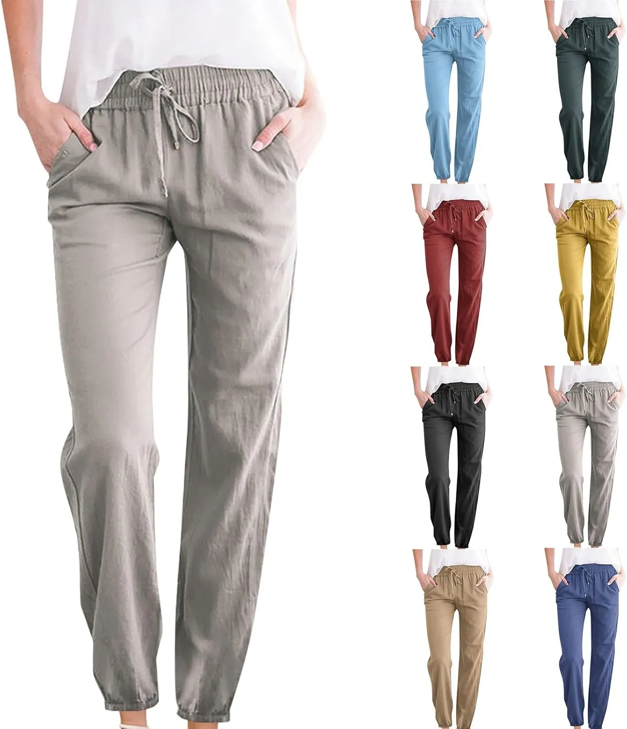 Palazzo Pants for Women Summer Loose Fit Cotton Linen Pants Casual Beach Vacation Wide Leg Trousers with Pockets