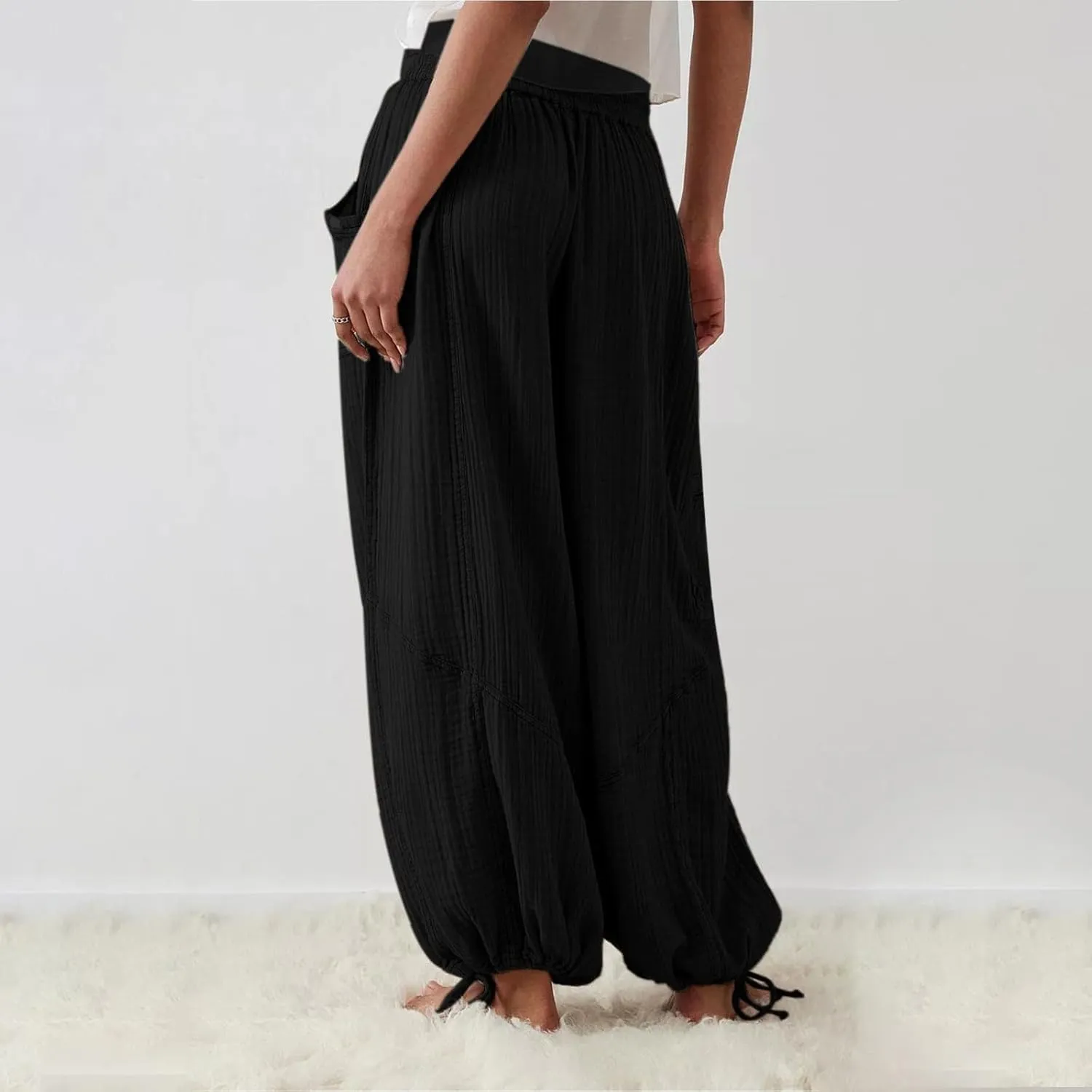 Pants for Women Elastic Waist Straight Leg Baggy Beach Trousers Casual High Waist Drawstring Sweatpants with Pockets