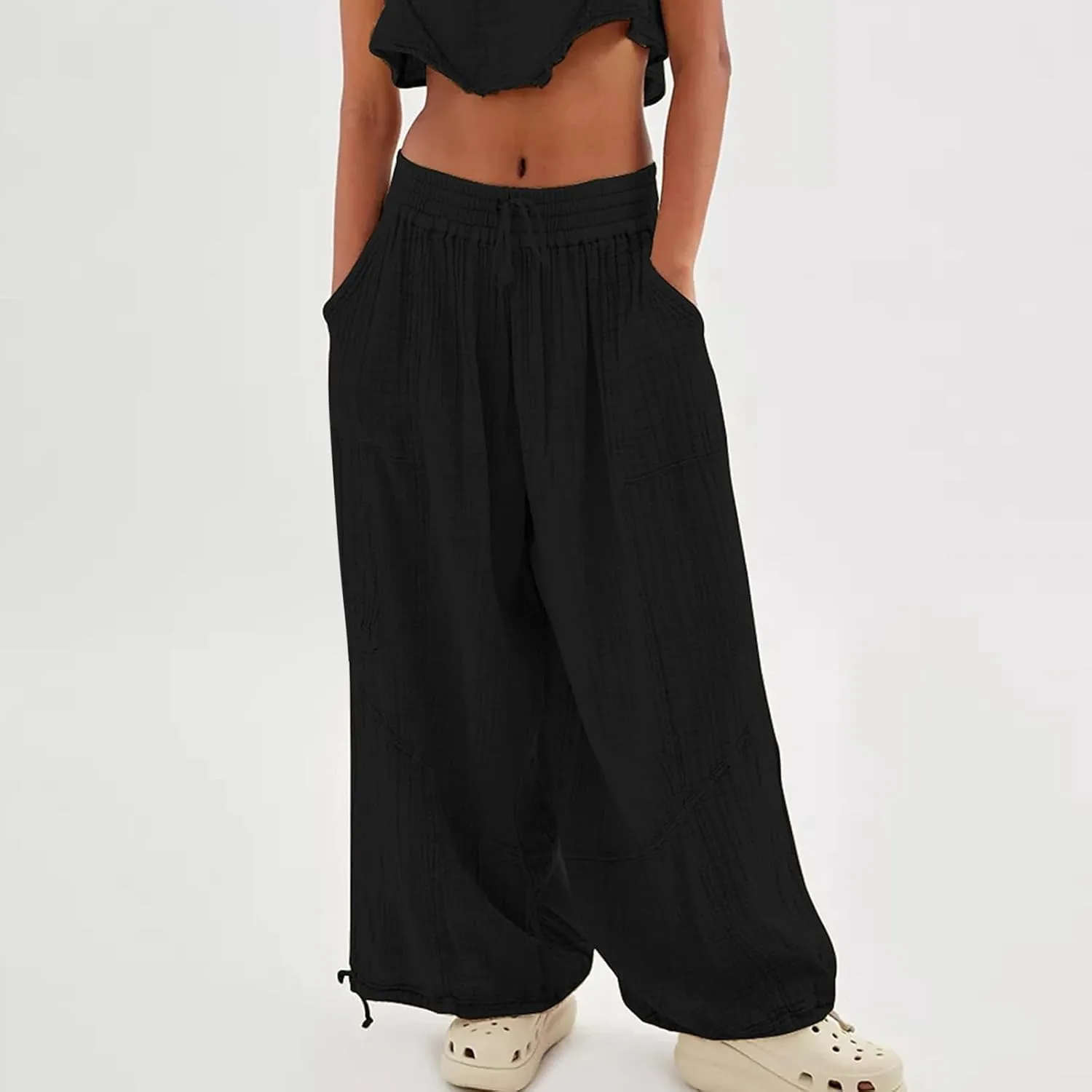 Pants for Women Elastic Waist Straight Leg Baggy Beach Trousers Casual High Waist Drawstring Sweatpants with Pockets