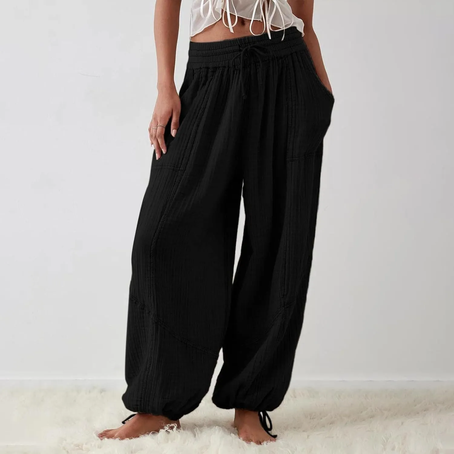 Pants for Women Elastic Waist Straight Leg Baggy Beach Trousers Casual High Waist Drawstring Sweatpants with Pockets