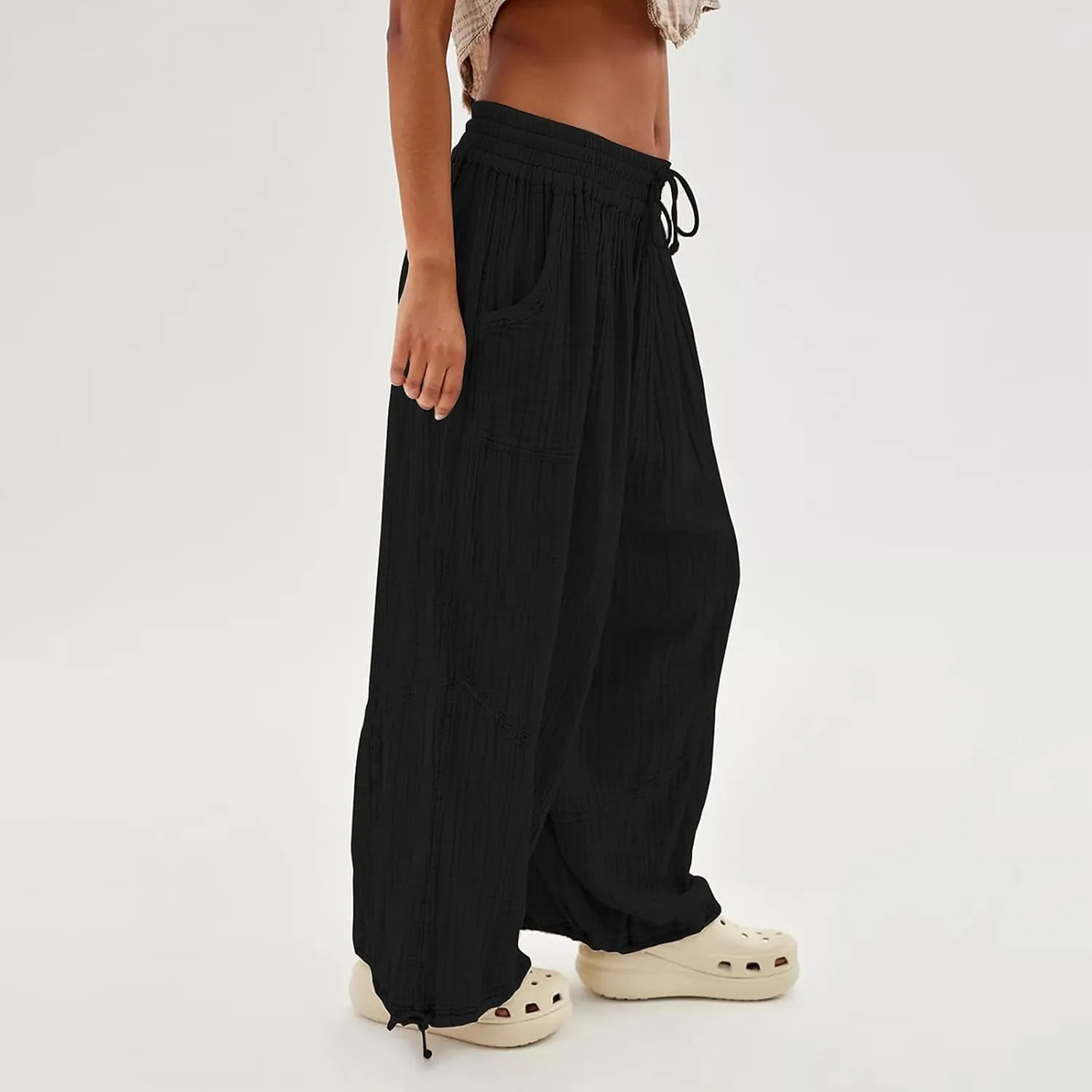 Pants for Women Elastic Waist Straight Leg Baggy Beach Trousers Casual High Waist Drawstring Sweatpants with Pockets
