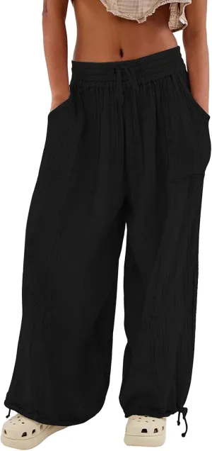 Pants for Women Elastic Waist Straight Leg Baggy Beach Trousers Casual High Waist Drawstring Sweatpants with Pockets