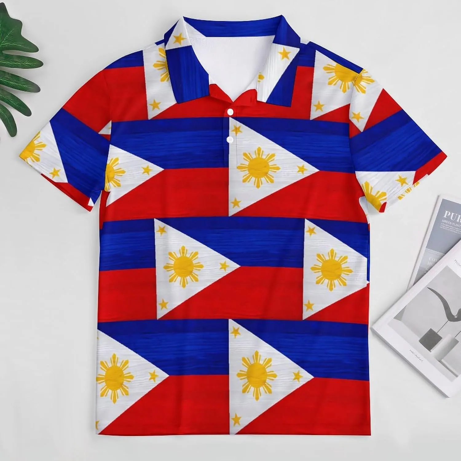 Philippines Flag Wood Patterning Slim Fit Men's Short Sleeve Polo Shirts Quick-Dry Breathable Golf T-Shirt Tops