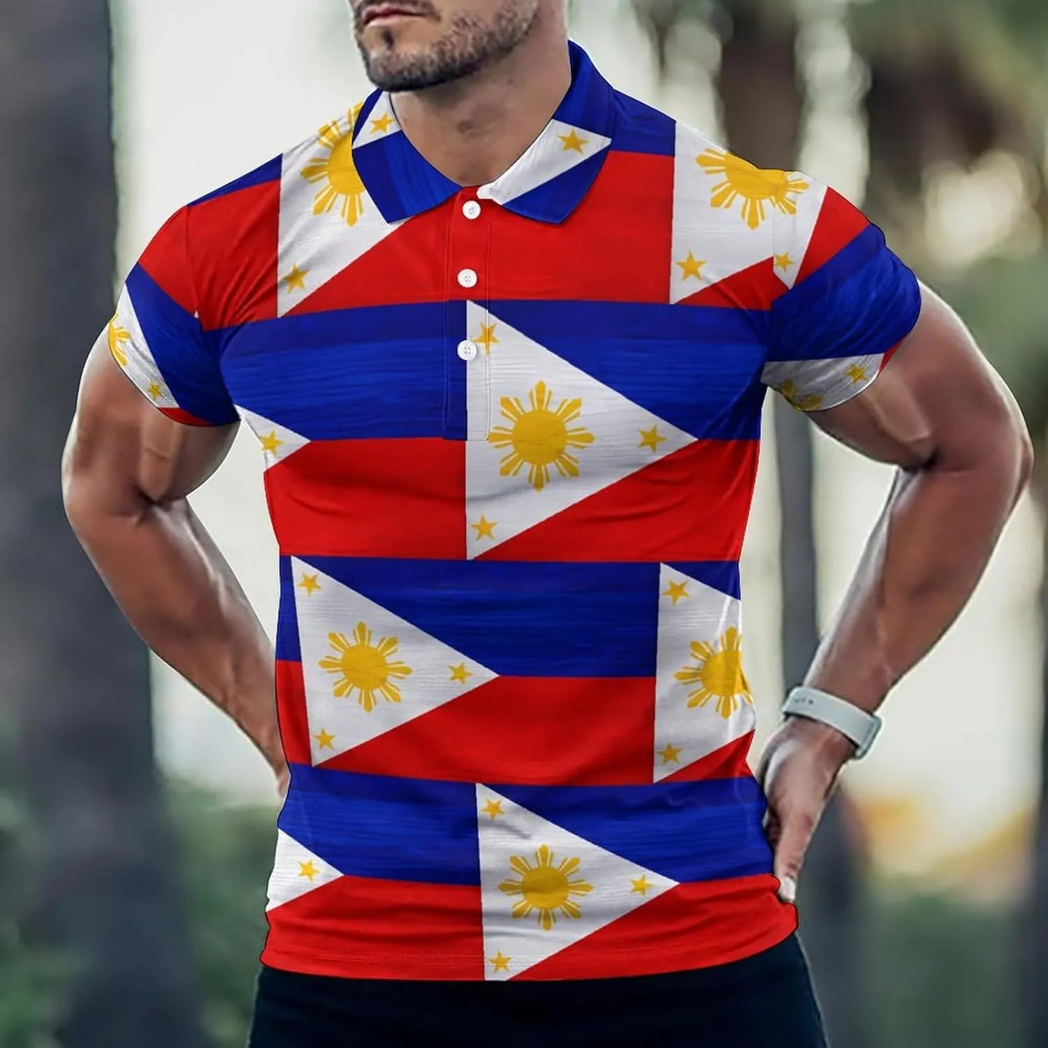 Philippines Flag Wood Patterning Slim Fit Men's Short Sleeve Polo Shirts Quick-Dry Breathable Golf T-Shirt Tops