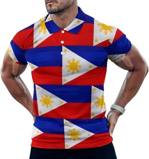 Philippines Flag Wood Patterning Slim Fit Men's Short Sleeve Polo Shirts Quick-Dry Breathable Golf T-Shirt Tops