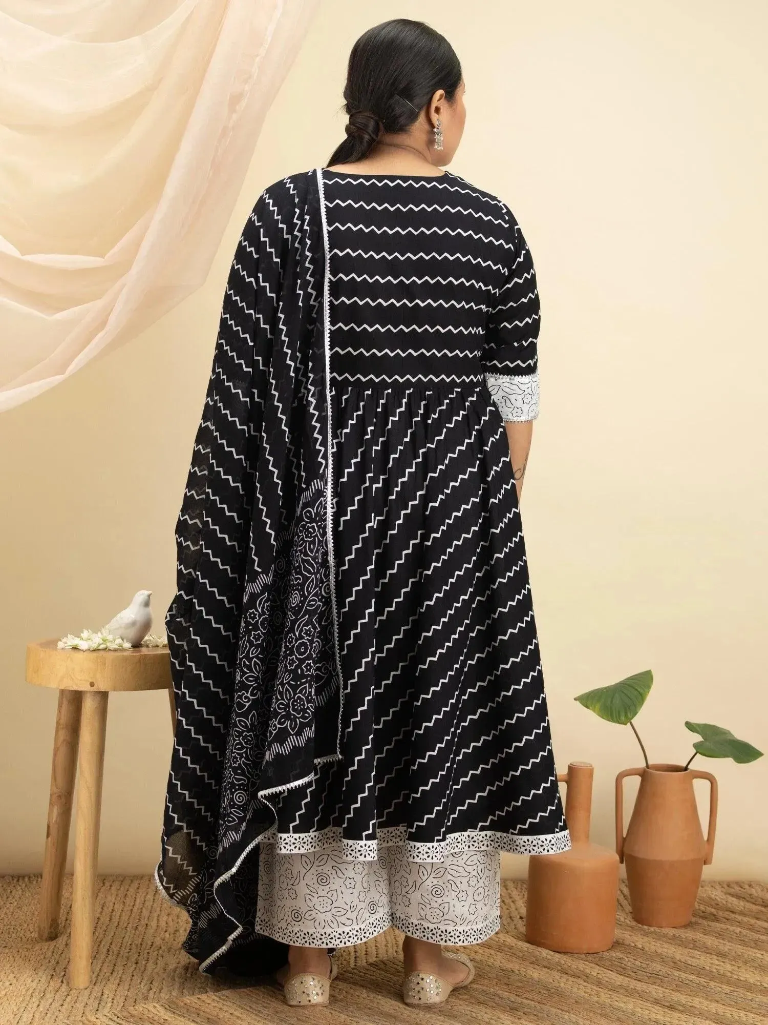 Plus Size Black Printed Cotton Anarkali Kurta With Palazzos & Dupatta