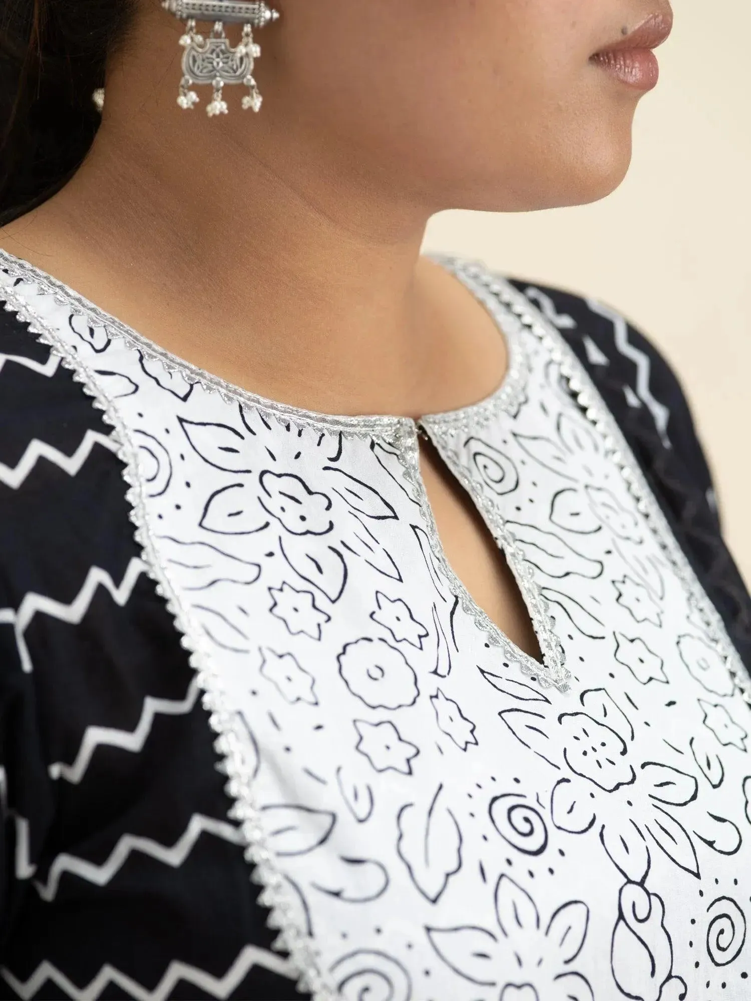 Plus Size Black Printed Cotton Anarkali Kurta With Palazzos & Dupatta