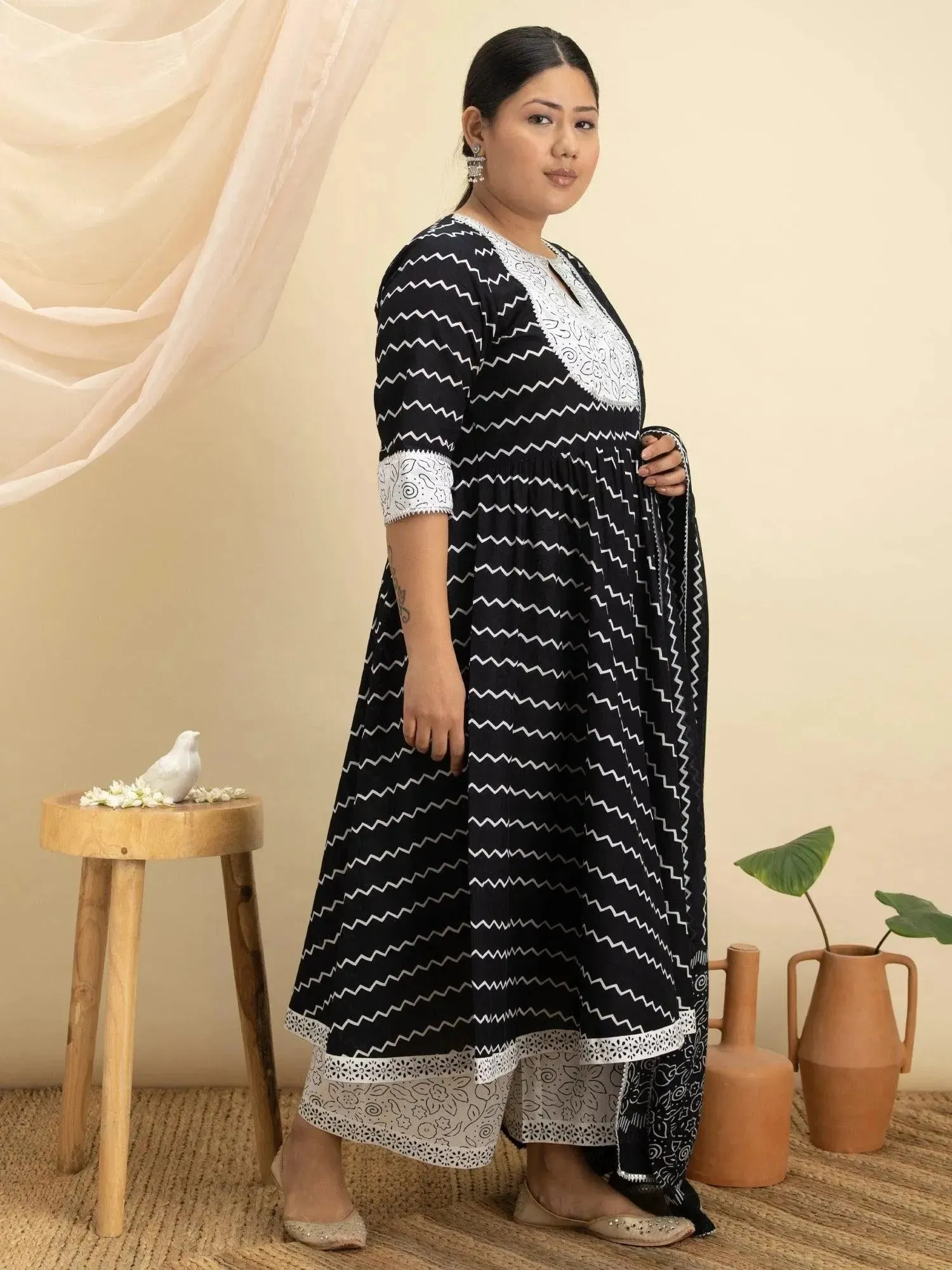 Plus Size Black Printed Cotton Anarkali Kurta With Palazzos & Dupatta