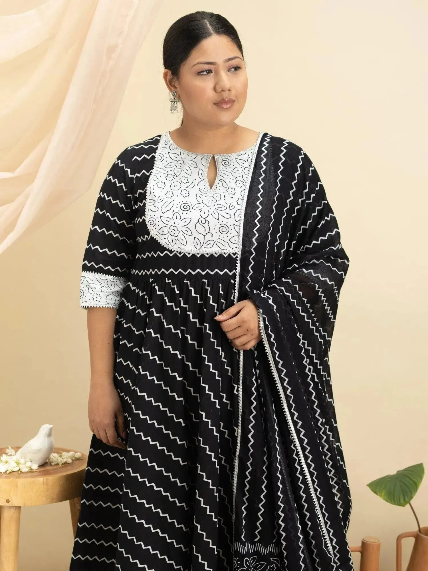Plus Size Black Printed Cotton Anarkali Kurta With Palazzos & Dupatta